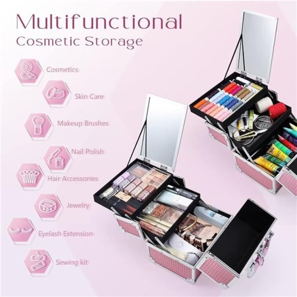 Makeup Train Case Cosmetic Box Portable Makeup Case Organizer 2 Trays Storage - Picture 3 of 6